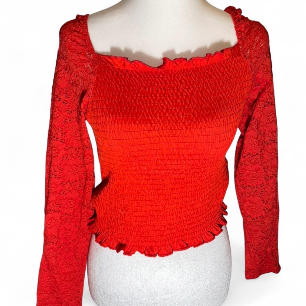 Red‎ Long Sleeve Smocked Lace Top - Women